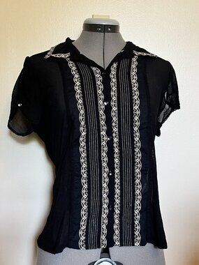 Y2K Black Fitted Sheer Mesh Short Sleeve Button Up with Cream Lace